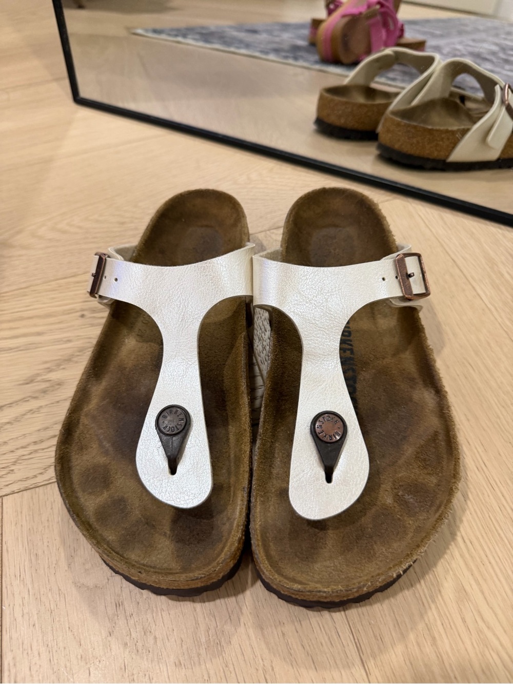 Birkenstock Cream Leather T-Strap Sandals with Buckle